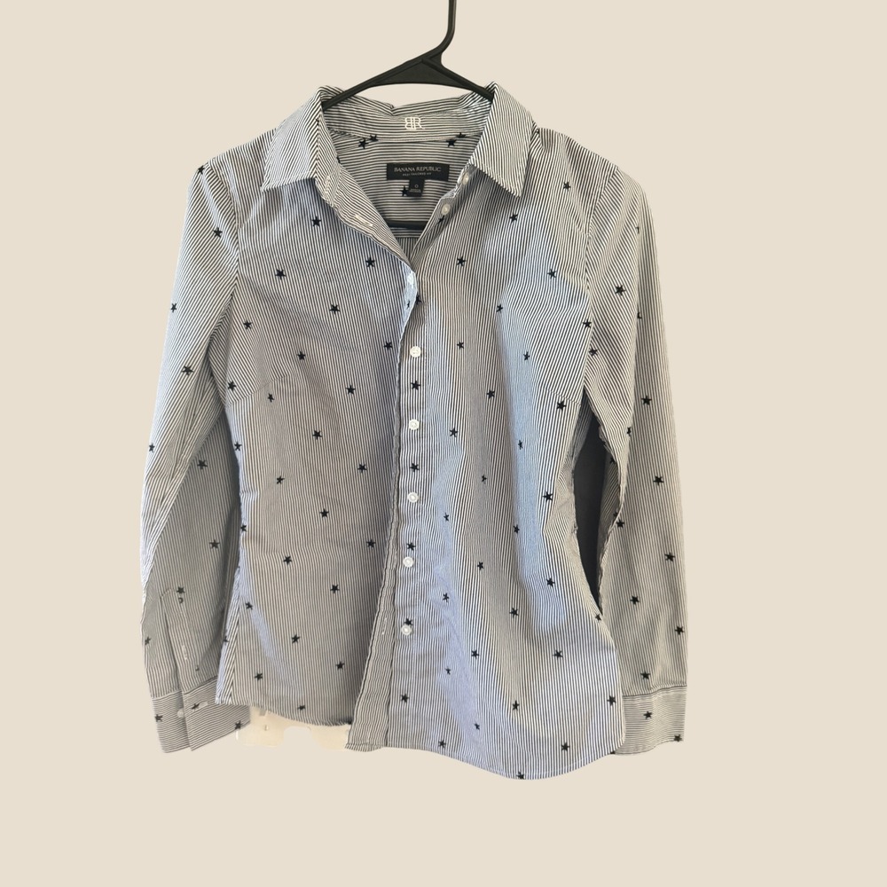 Banana Republic Riley Tailored Fit Pinstripe Star Shirt Blue White Womens Size 0